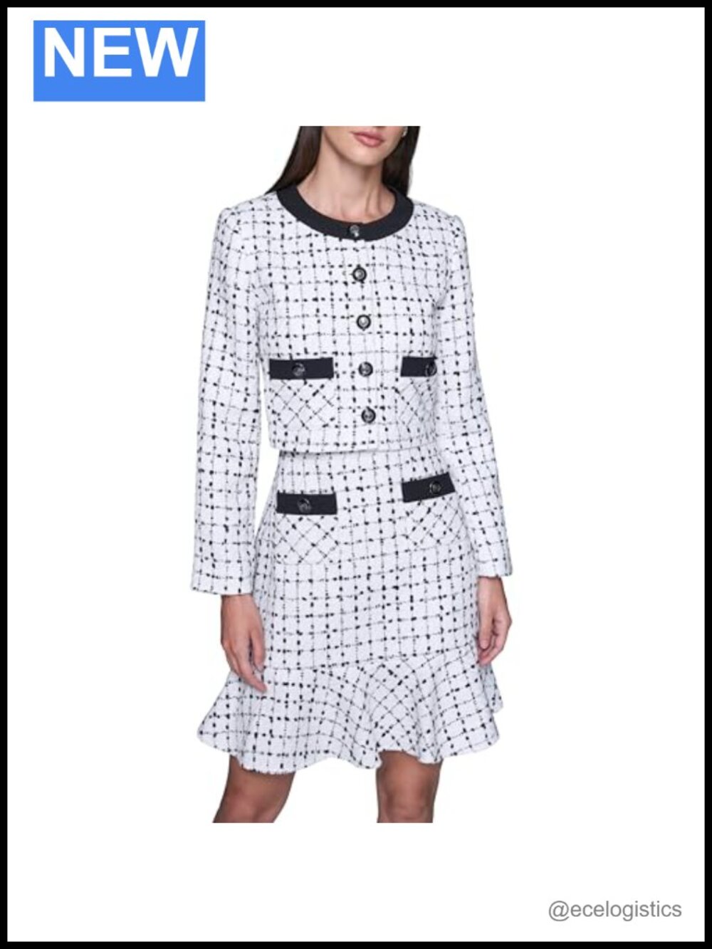 Cropped Tweed Jacket Long Sleeve Two Pockets Contrast Grid